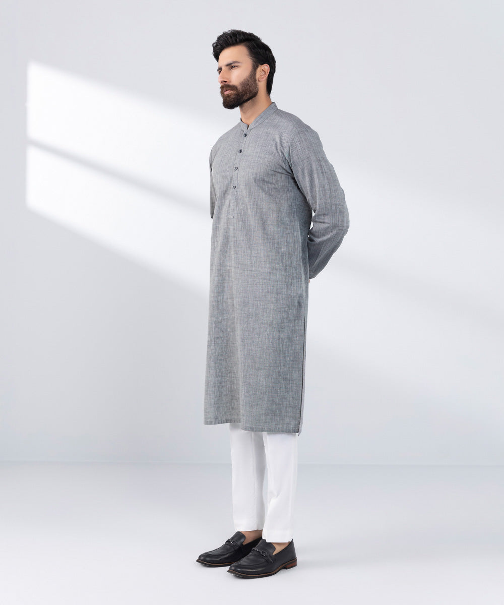 Men's Stitched Grey Cotton Kurta 