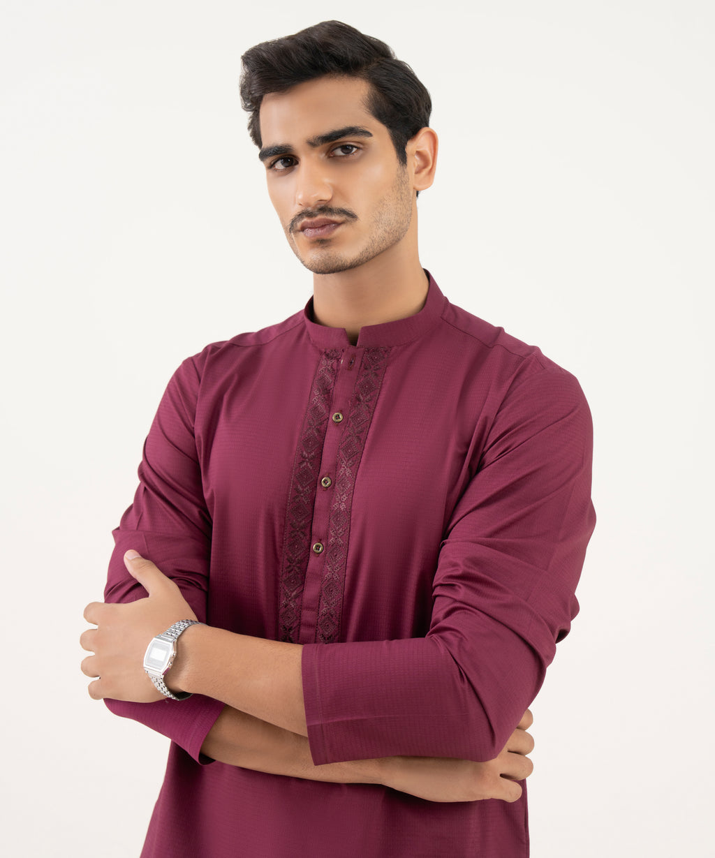 Men's 100% Cotton Embroidered Maroon Kurta 