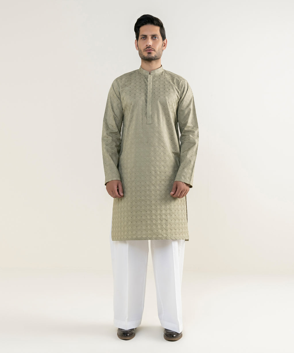Men's 100% Cotton Embroidered Olive Green Kurta