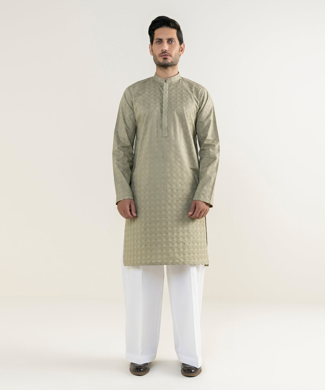 Men's 100% Cotton Embroidered Olive Green Kurta