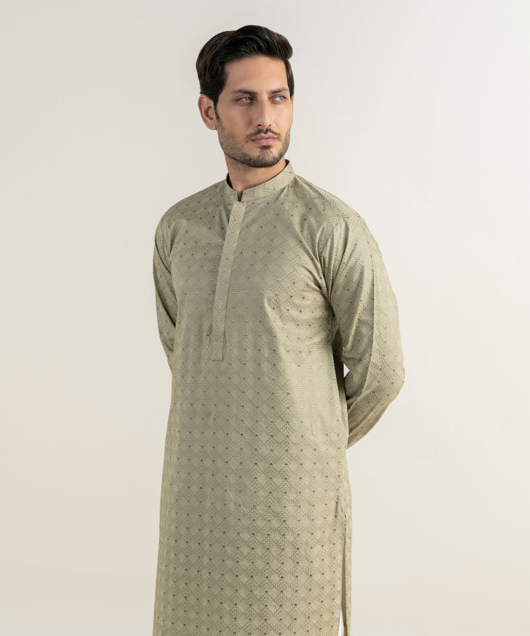 Men's 100% Cotton Embroidered Olive Green Kurta