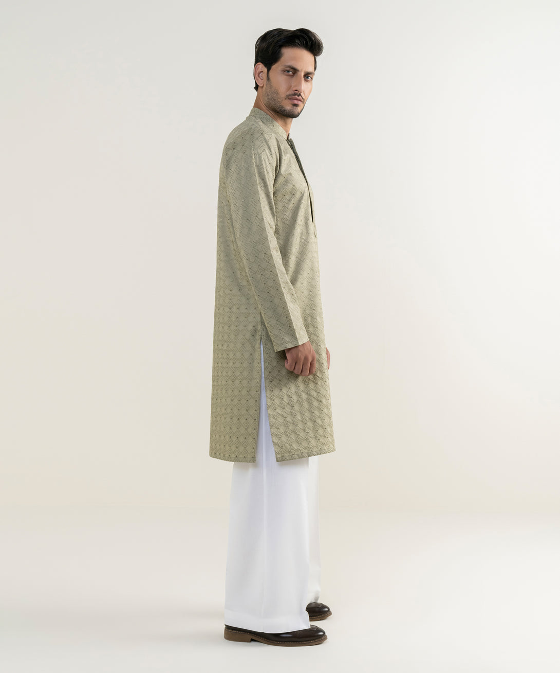 Men's 100% Cotton Embroidered Olive Green Kurta