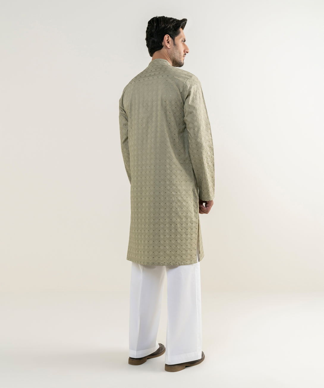 Men's 100% Cotton Embroidered Olive Green Kurta