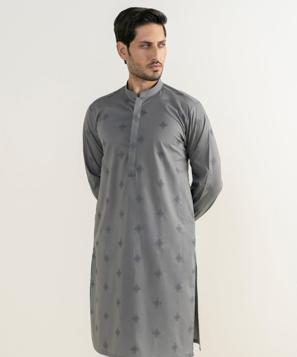 Men's 100% Cotton Embroidered Grey Kurta