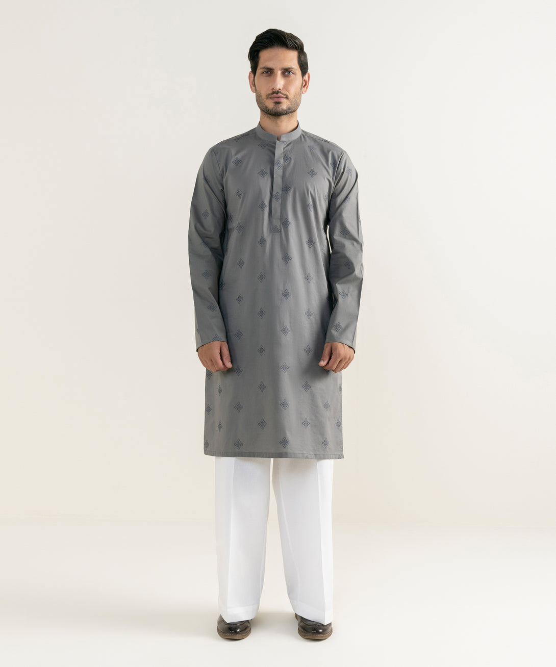 Men's 100% Cotton Embroidered Grey Kurta