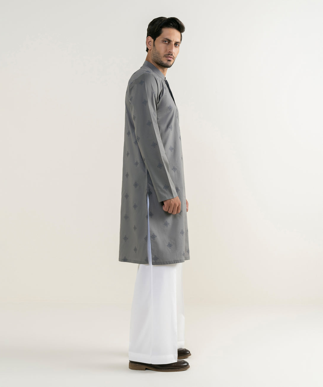 Men's 100% Cotton Embroidered Grey Kurta
