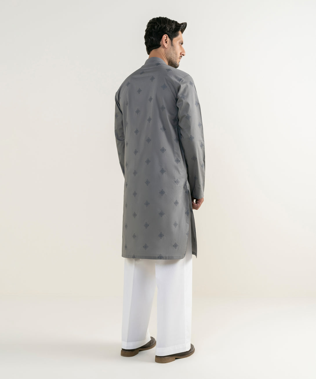 Men's 100% Cotton Embroidered Grey Kurta