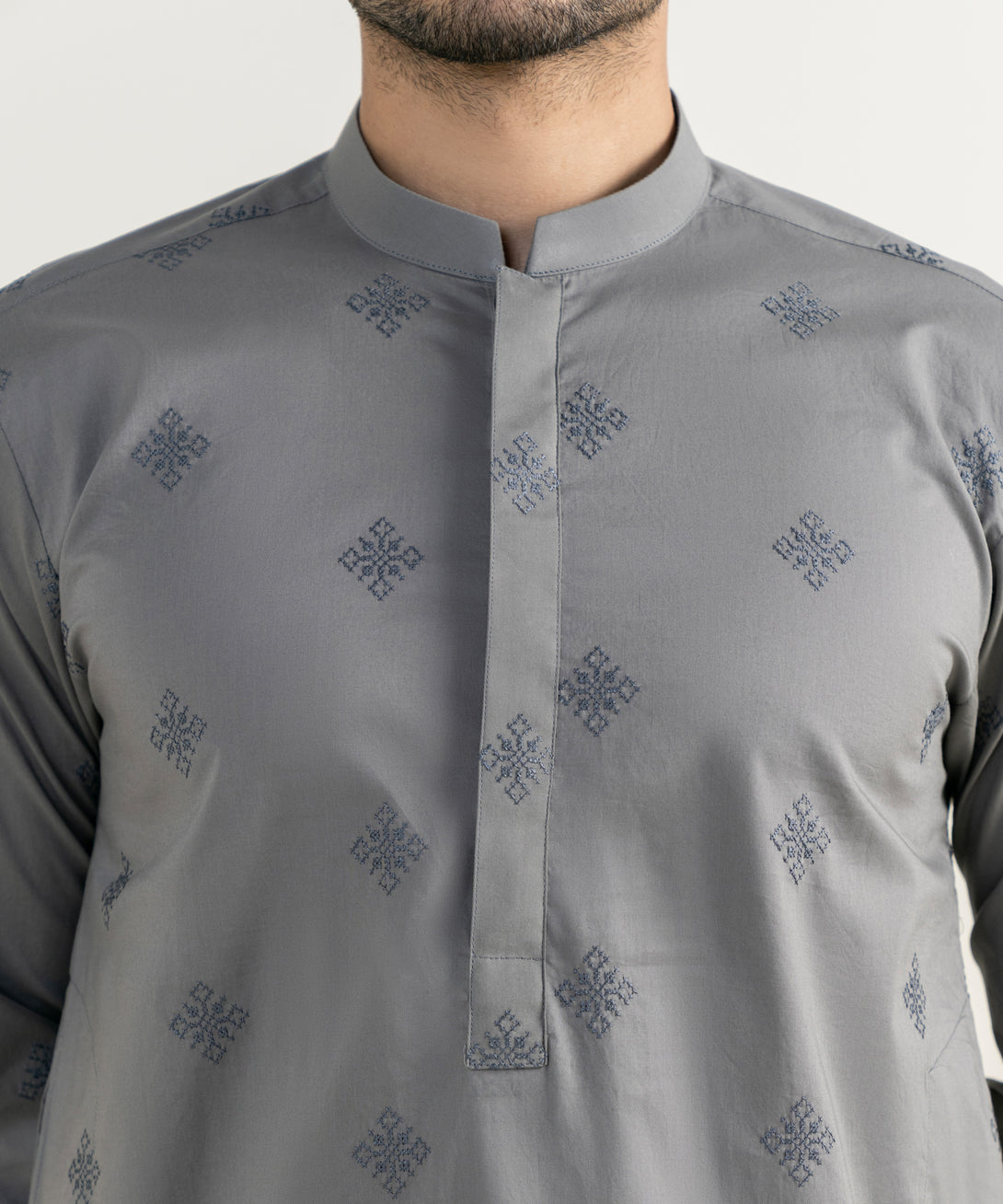 Men's 100% Cotton Embroidered Grey Kurta