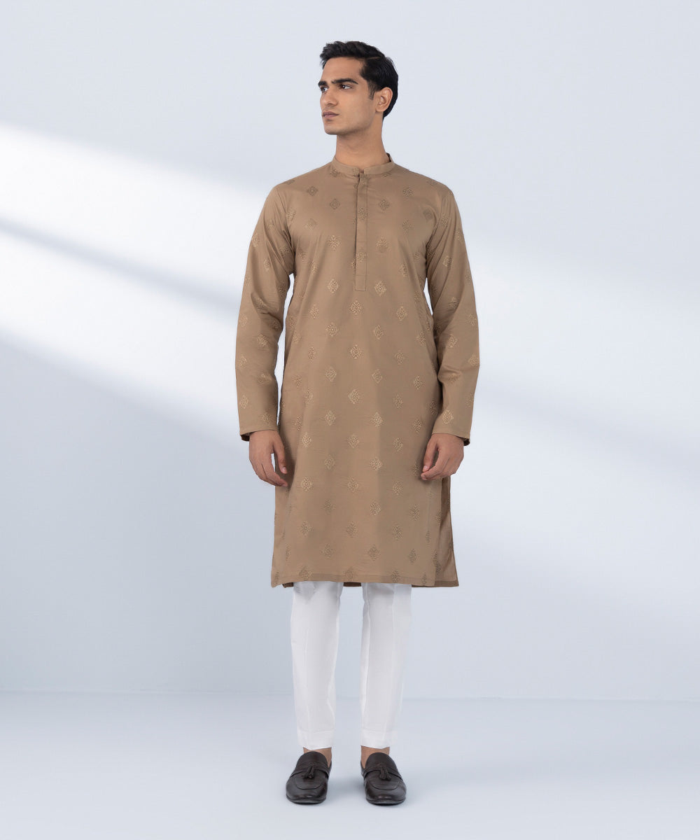Men's Stitched Embroidered Brown Kurta 