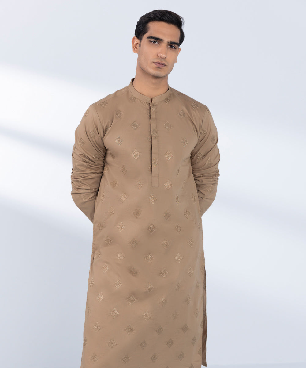 Men's Stitched Embroidered Brown Kurta 