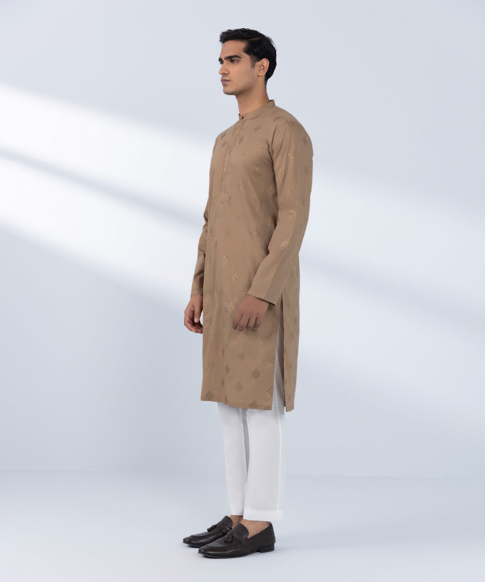 Men's Stitched Embroidered Brown Kurta 