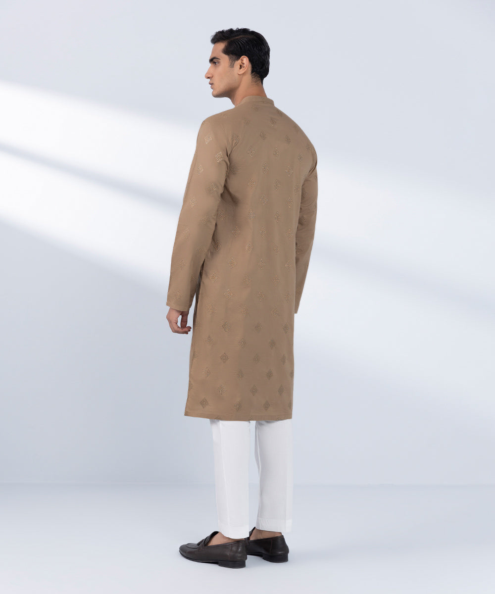 Men's Stitched Embroidered Brown Kurta 