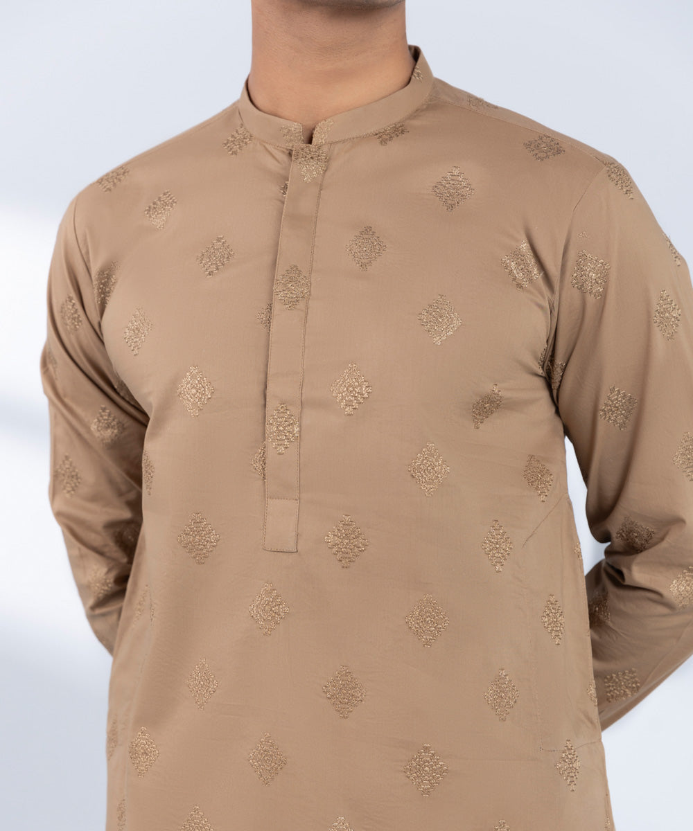 Men's Stitched Embroidered Brown Kurta 