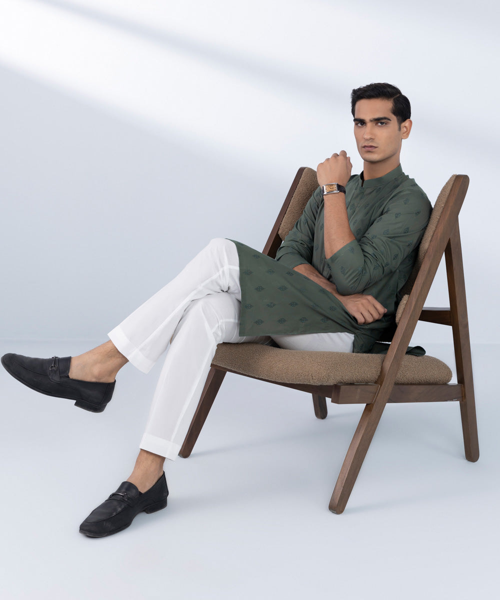 Men's Stitched Embroidered Green Kurta 