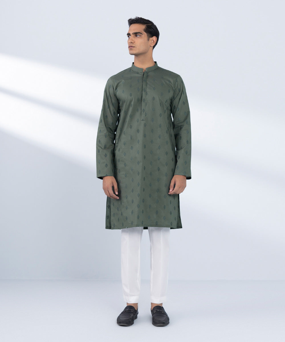 Men's Stitched Embroidered Green Kurta 