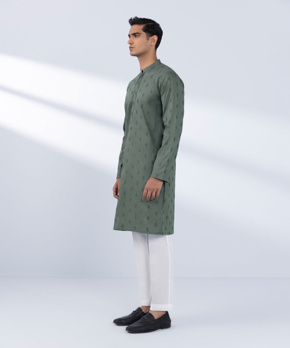 Men's Stitched Embroidered Green Kurta 