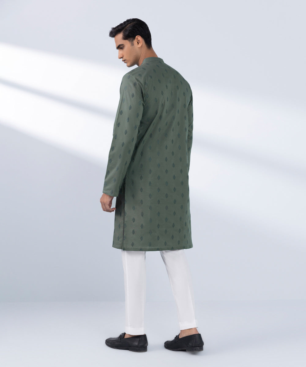 Men's Stitched Embroidered Green Kurta 