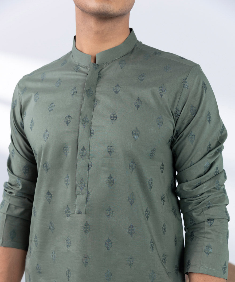 Men's Stitched Embroidered Green Kurta 