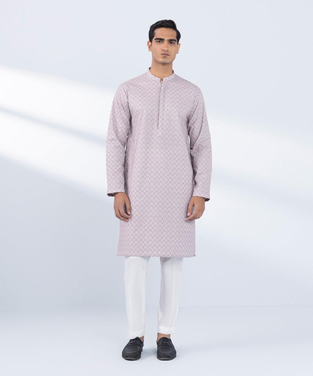 Men's Stitched Embroidered Purple Kurta 