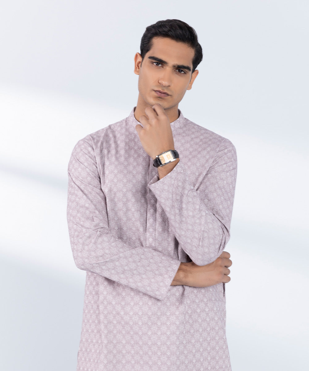 Men's Stitched Embroidered Purple Kurta 