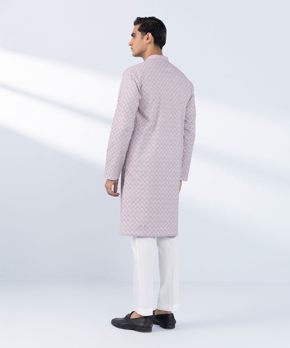 Men's Stitched Embroidered Purple Kurta 