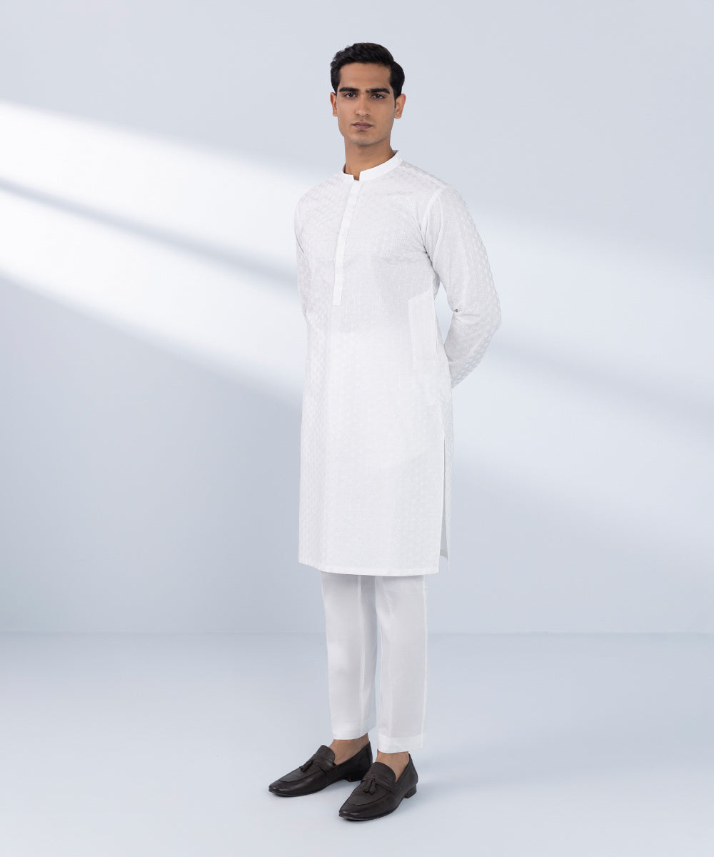 Men's Stitched Embroidered White Kurta 
