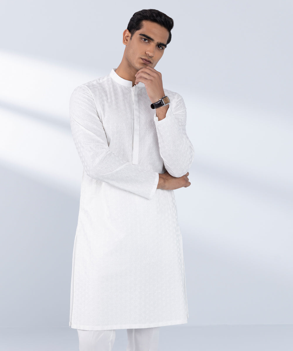Men's Stitched Embroidered White Kurta 
