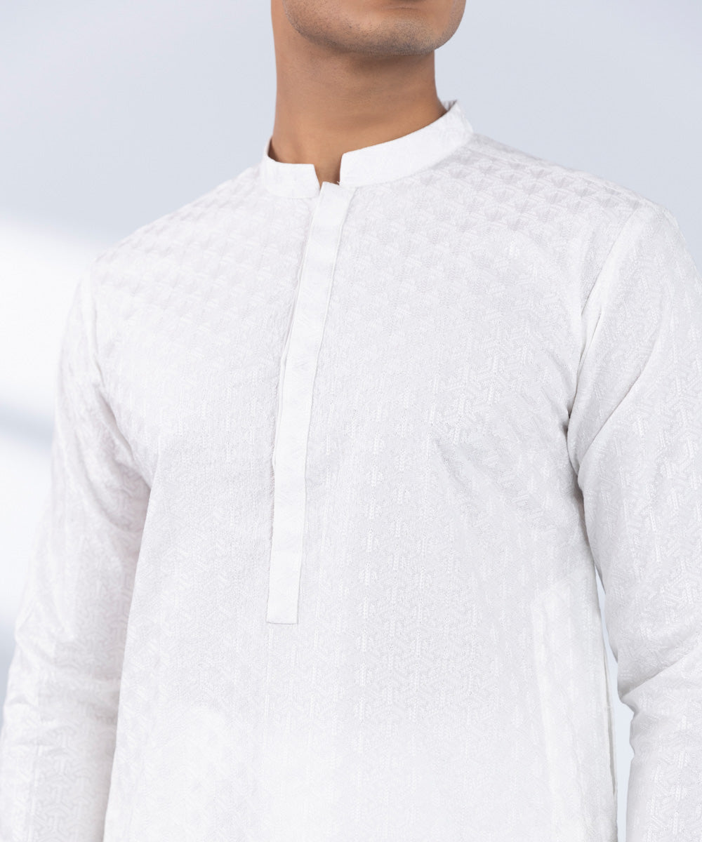 Men's Stitched Embroidered White Kurta 