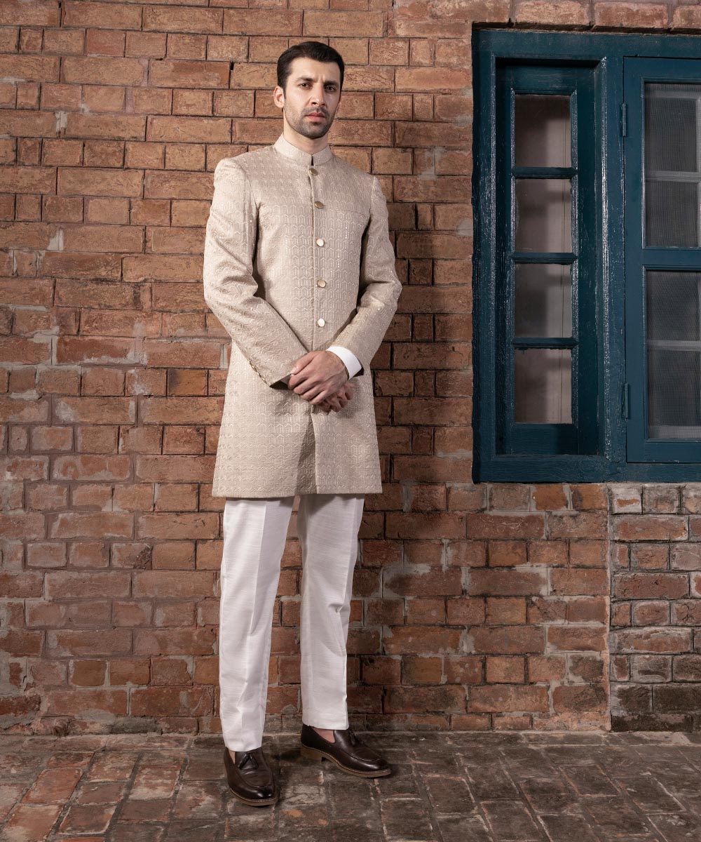 Men's Stitched Beige Cotton Sherwani