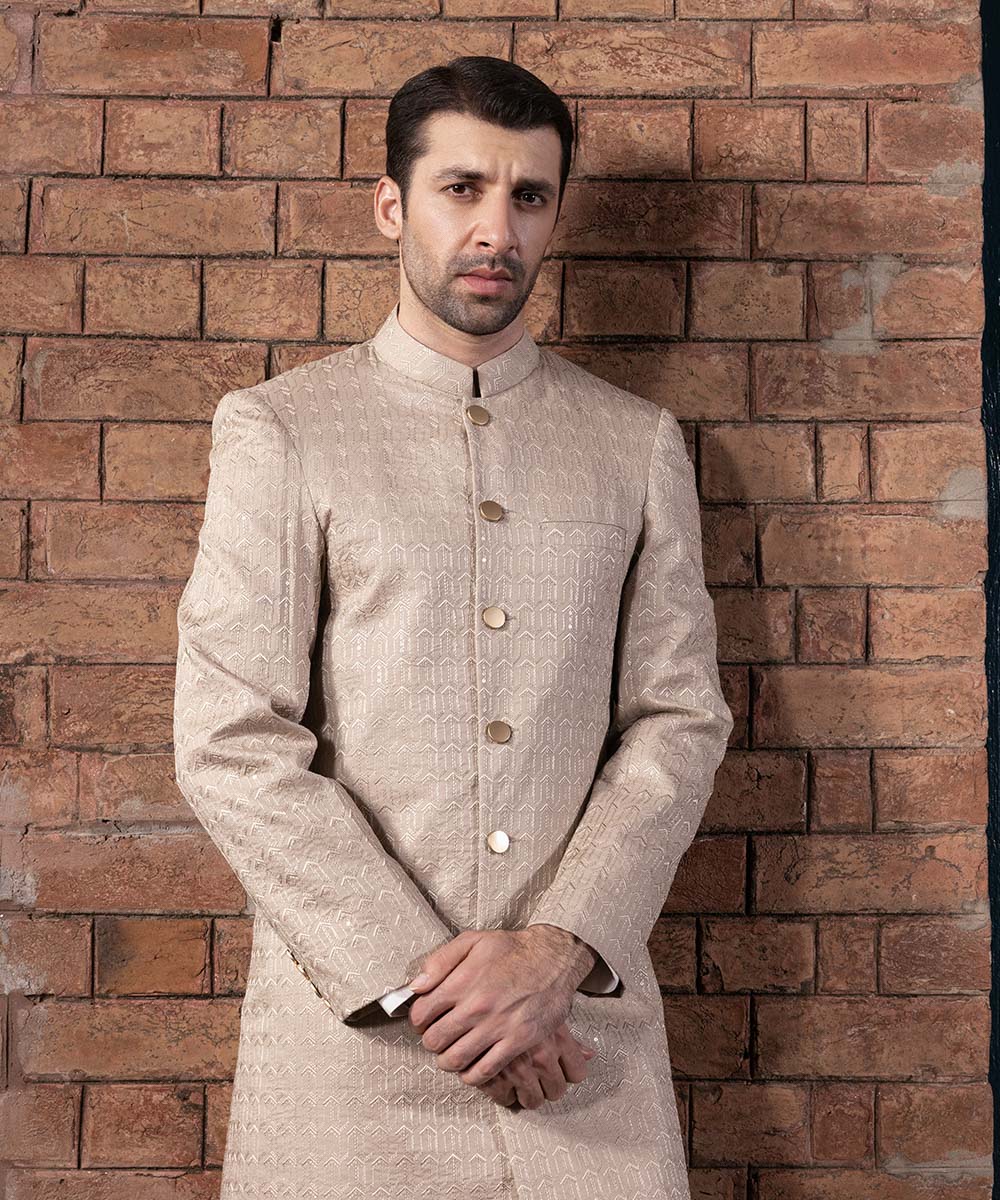 Men's Stitched Beige Cotton Sherwani