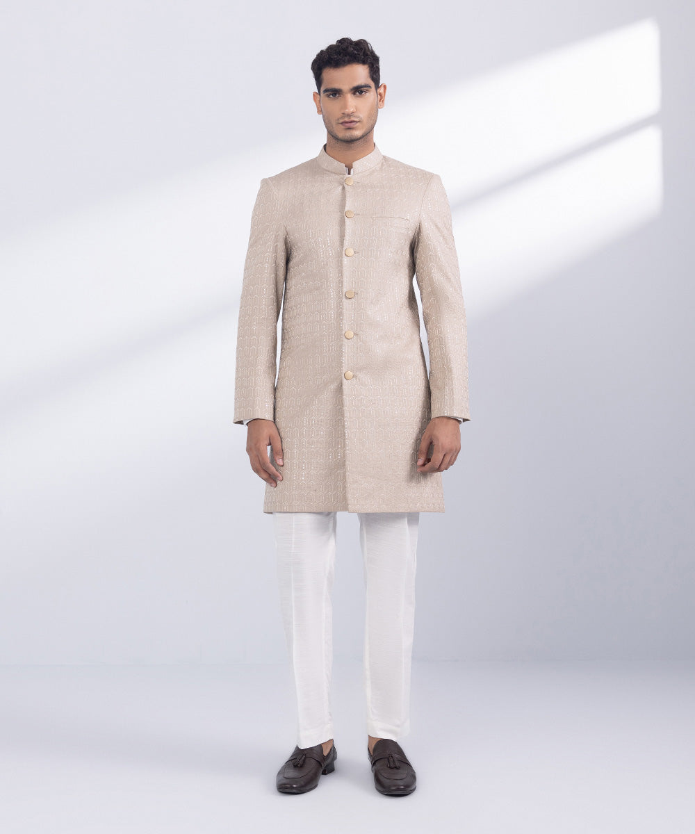 Men's Stitched Beige Cotton Sherwani