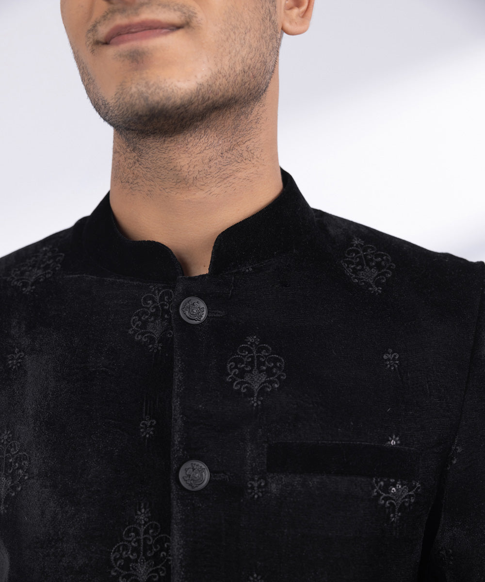 Men's Stitched Black Velvet Sherwani