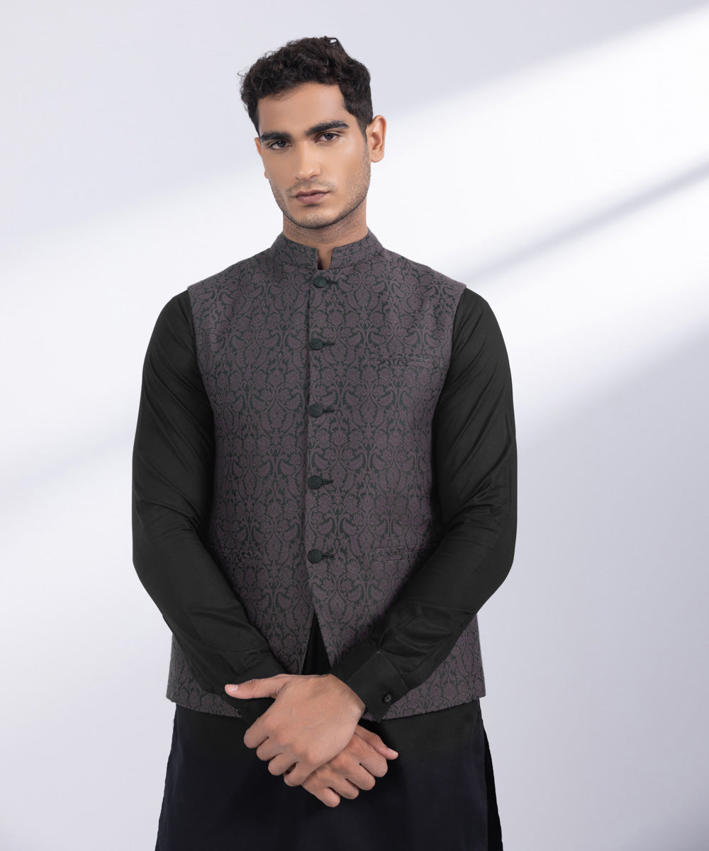 Men's Stitched Plum Jamawar Karandi Waistcoat