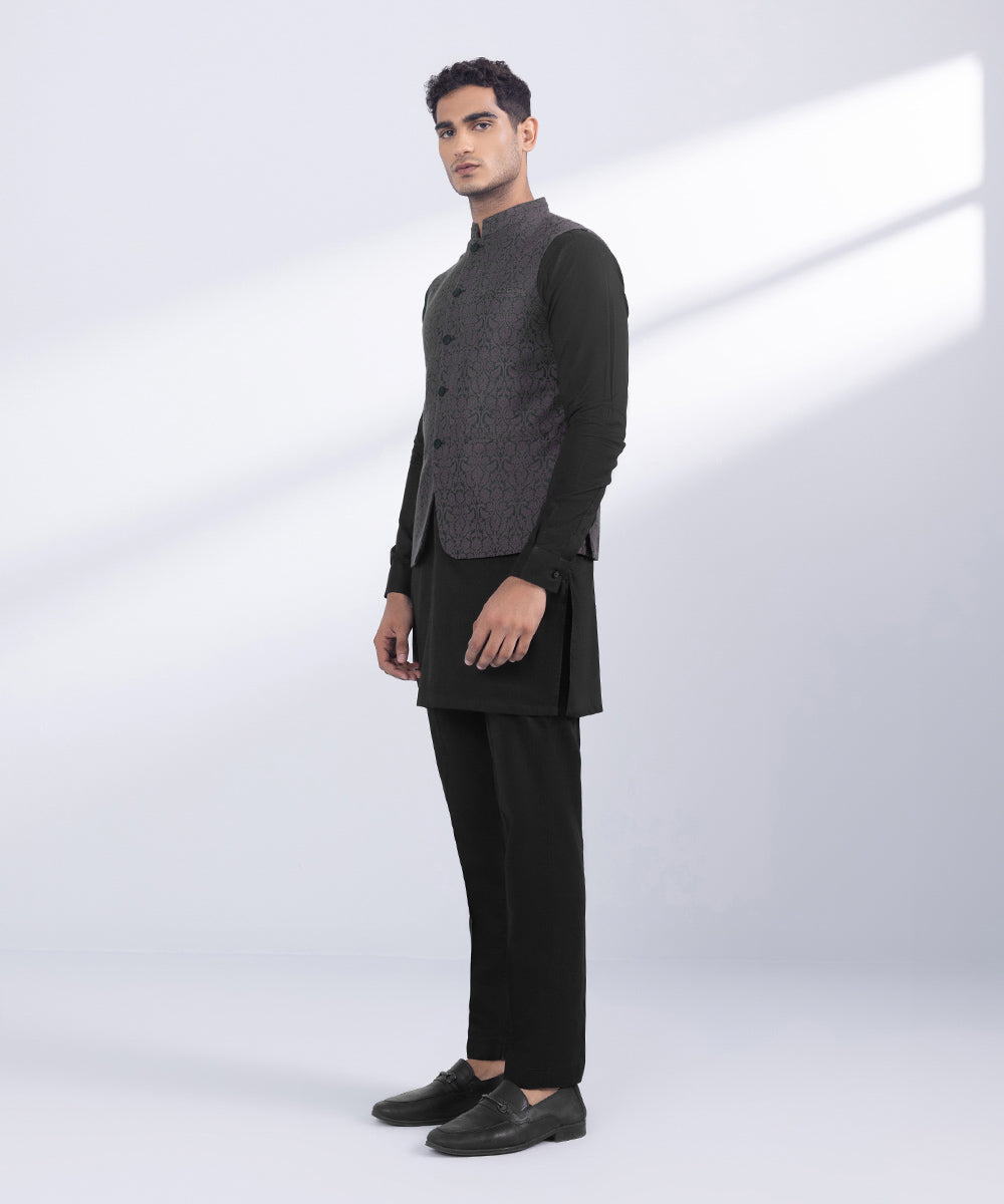 Men's Stitched Plum Jamawar Karandi Waistcoat