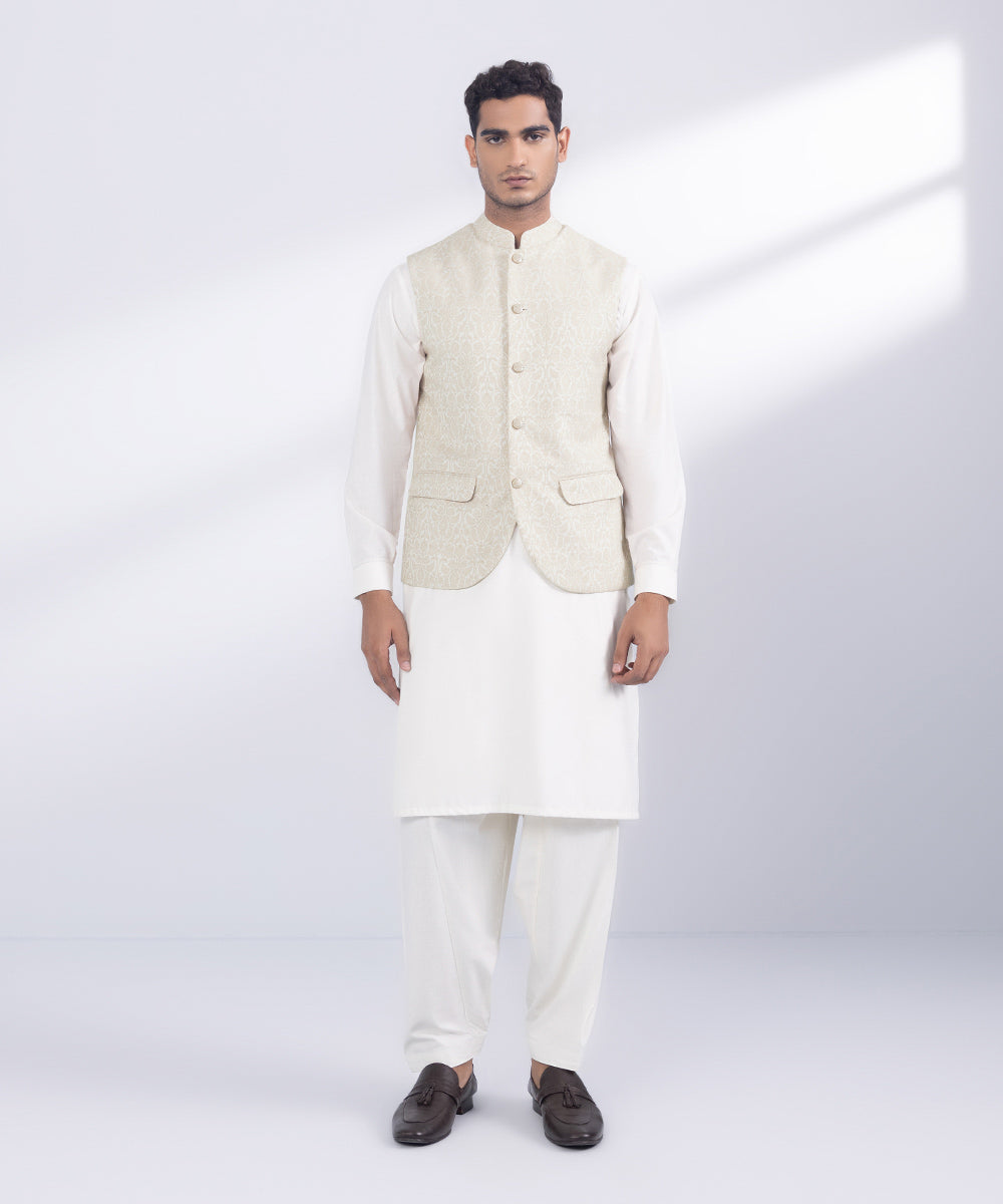 Men's Stitched Beige Jamawar Karandi Waistcoat