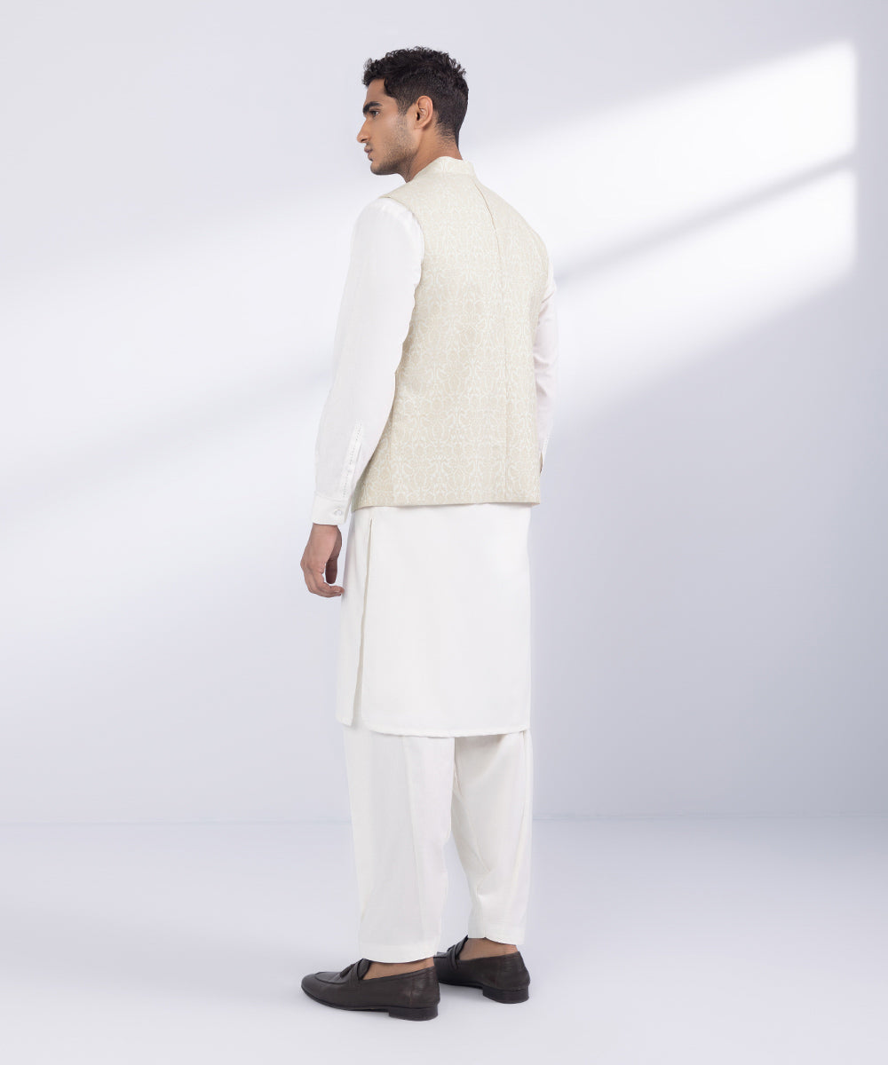 Men's Stitched Beige Jamawar Karandi Waistcoat