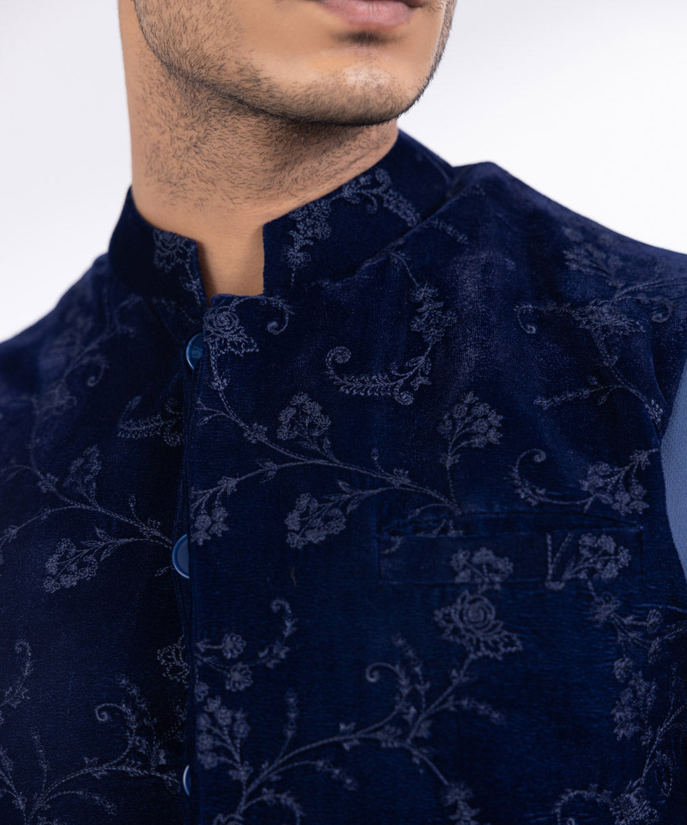 Men's Stitched Blue Velvet Waistcoat