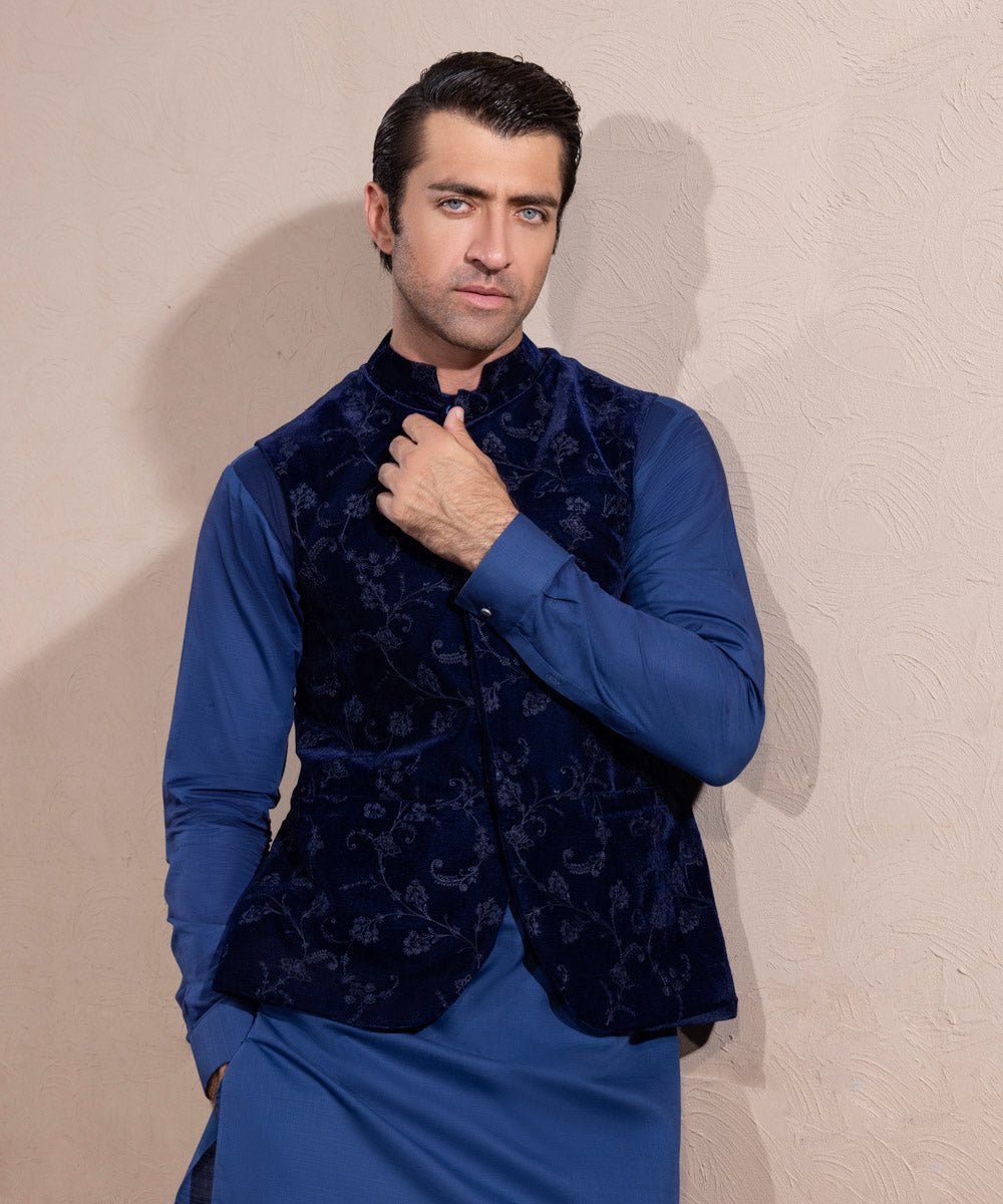 Men's Stitched Blue Velvet Waistcoat