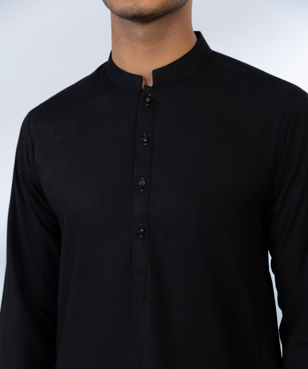 Men's Stitched Jacquard Wash & Wear Black Straight Hem Kurta