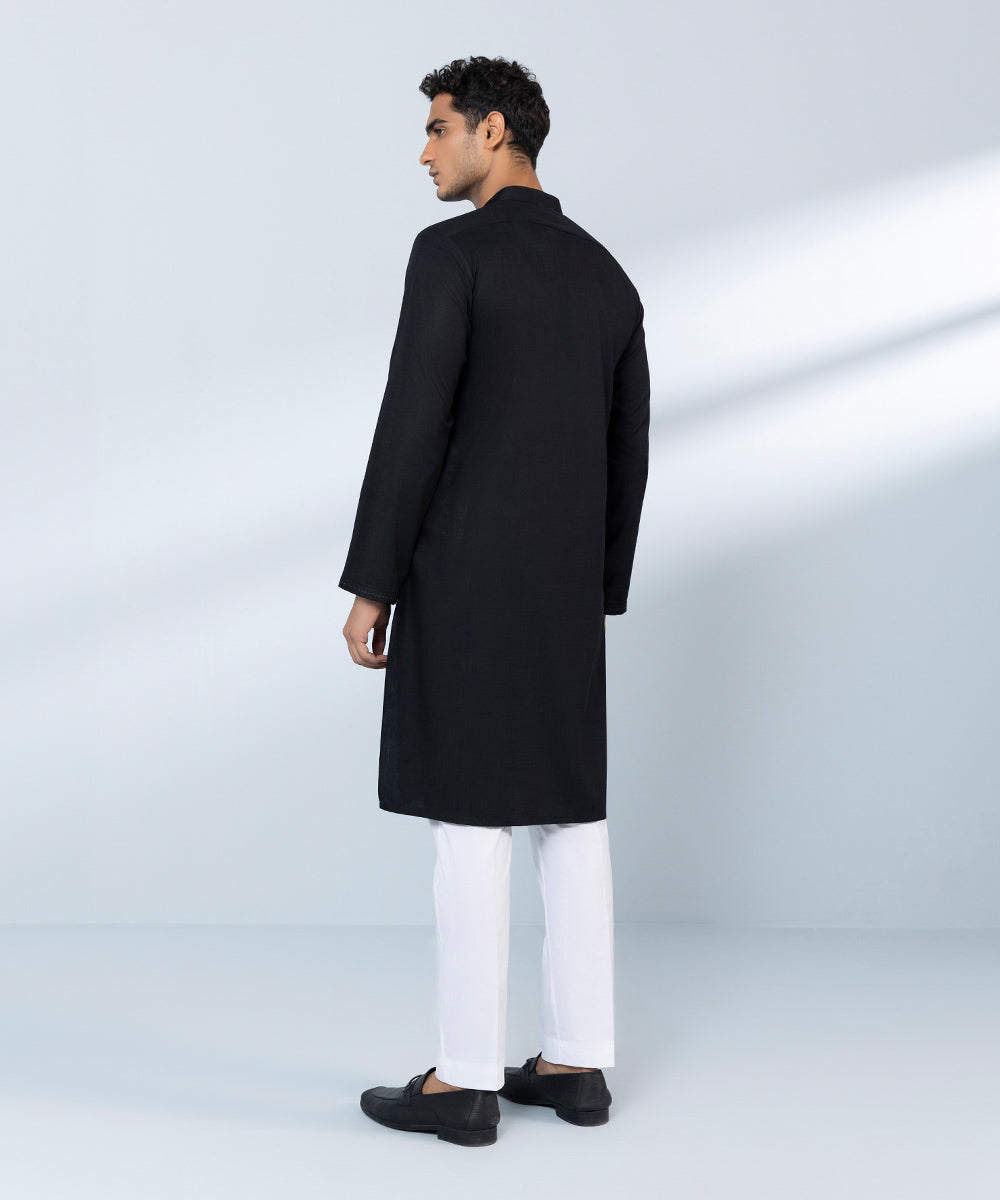 Men's Stitched Jacquard Wash & Wear Black Straight Hem Kurta