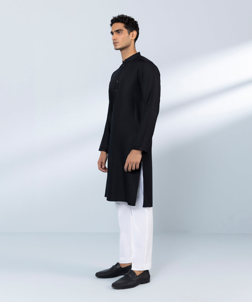 Men's Stitched Jacquard Wash & Wear Black Straight Hem Kurta