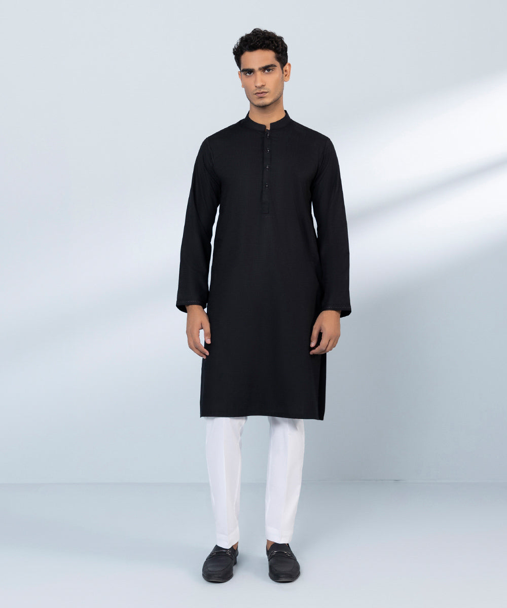 Men's Stitched Jacquard Wash & Wear Black Straight Hem Kurta