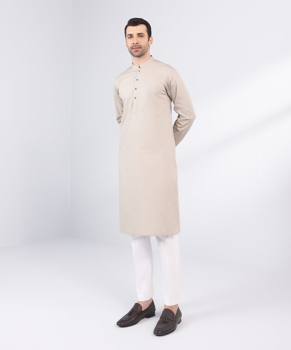 Men's Stitched Beige Cotton Jacquard Kurta