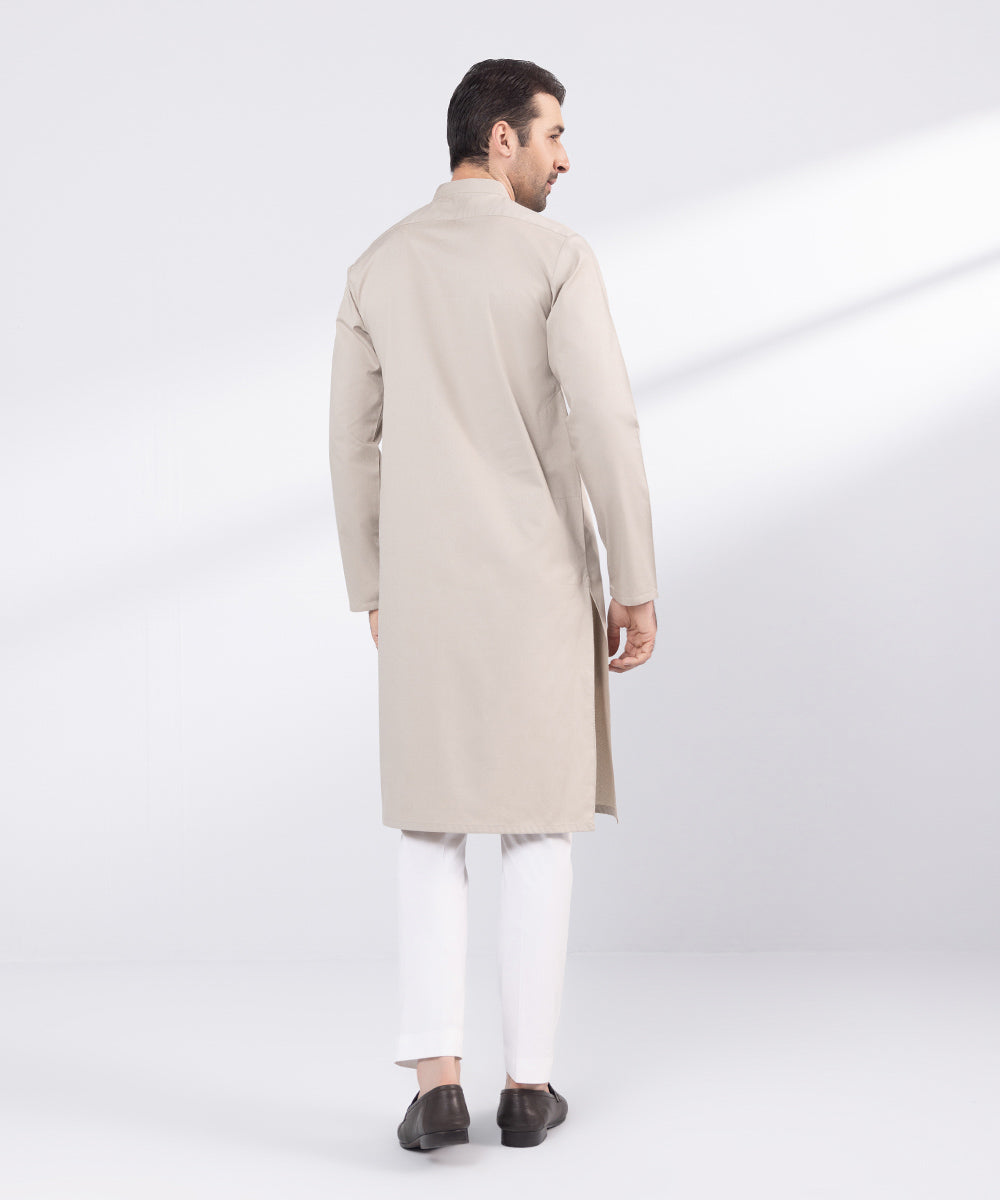 Men's Stitched Beige Cotton Jacquard Kurta