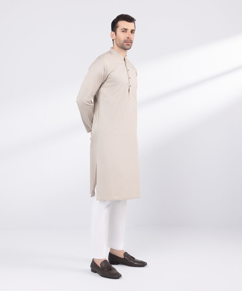 Men's Stitched Beige Cotton Jacquard Kurta