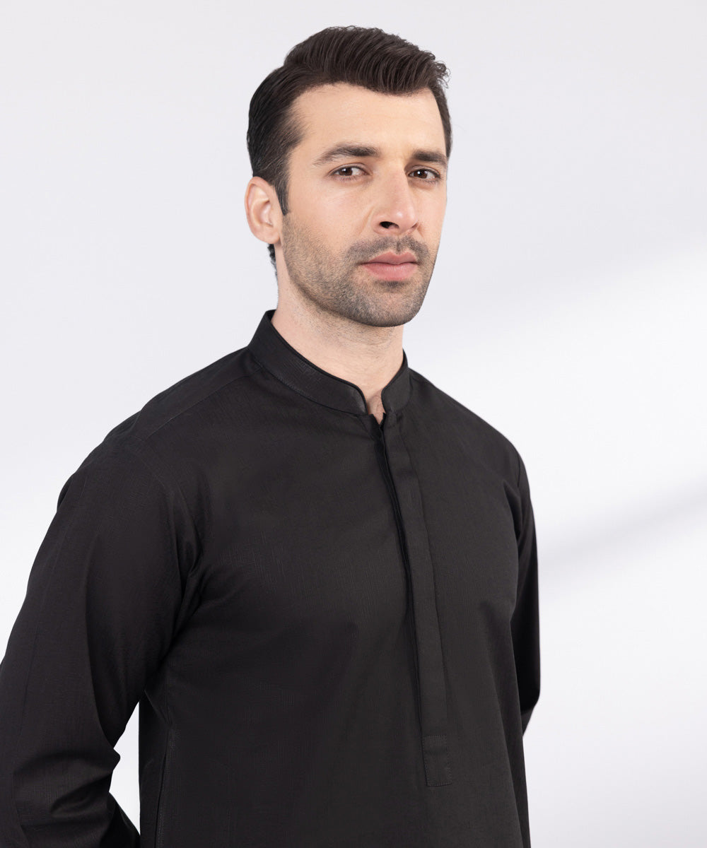 Men's Stitched Black Cotton Jacquard Kurta