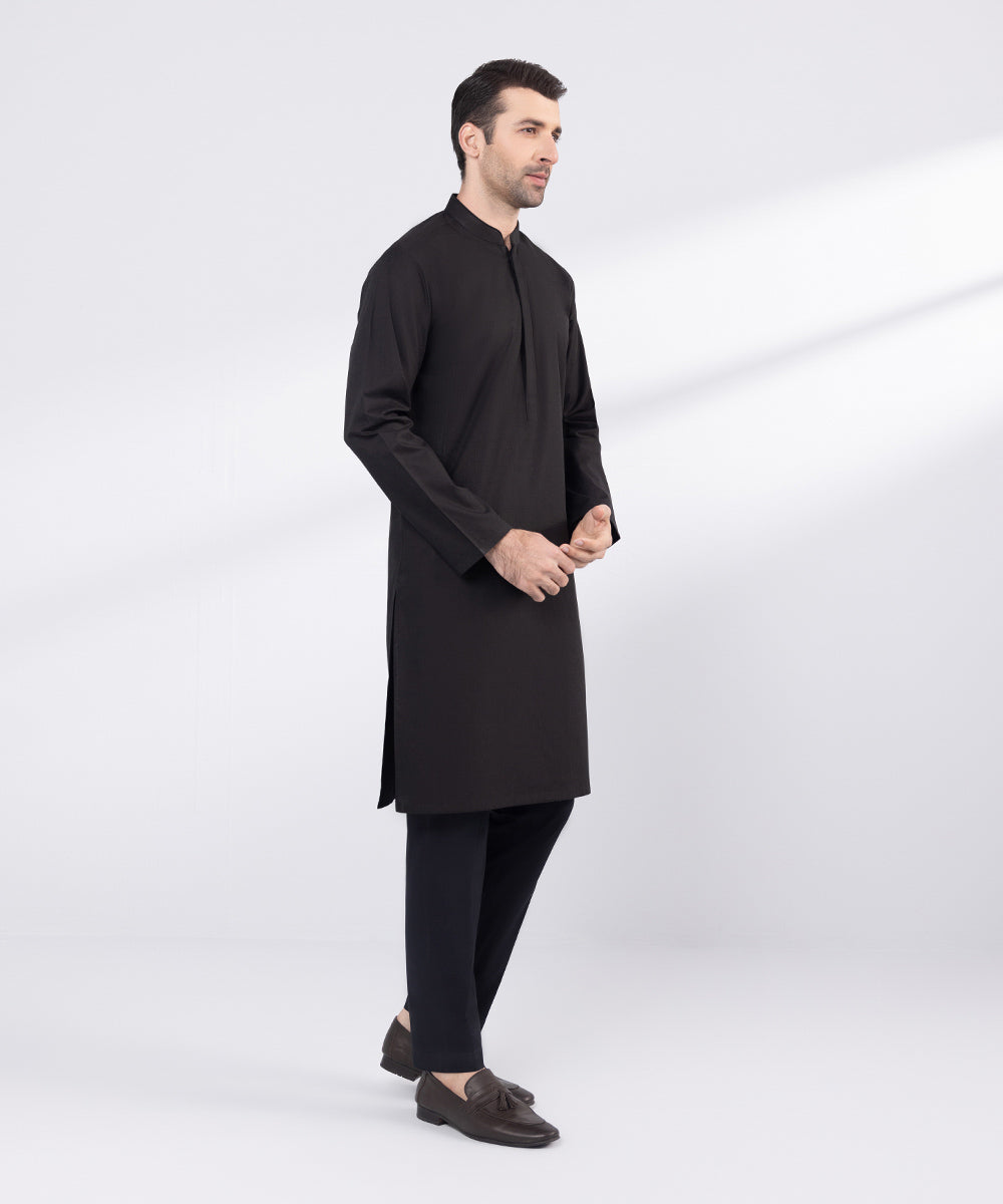 Men's Stitched Black Cotton Jacquard Kurta