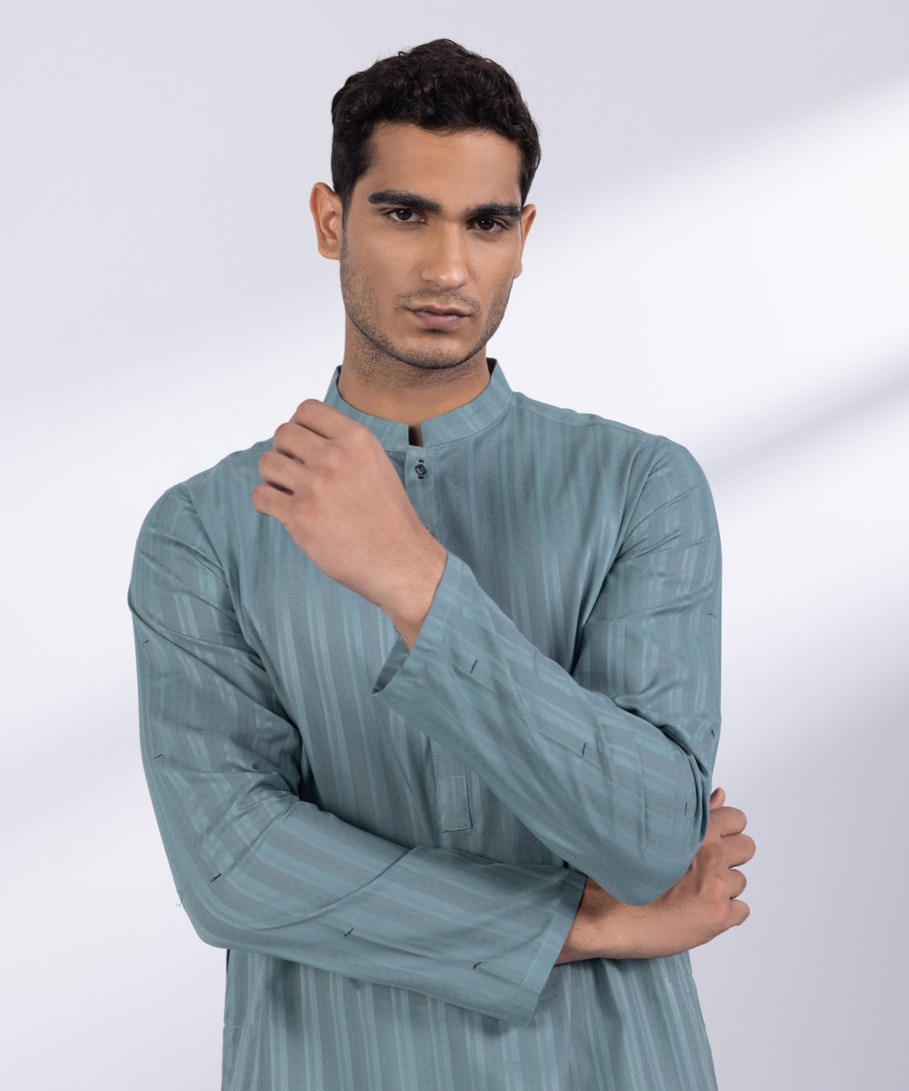 Men's Stitched Sea Grey Cotton Kurta