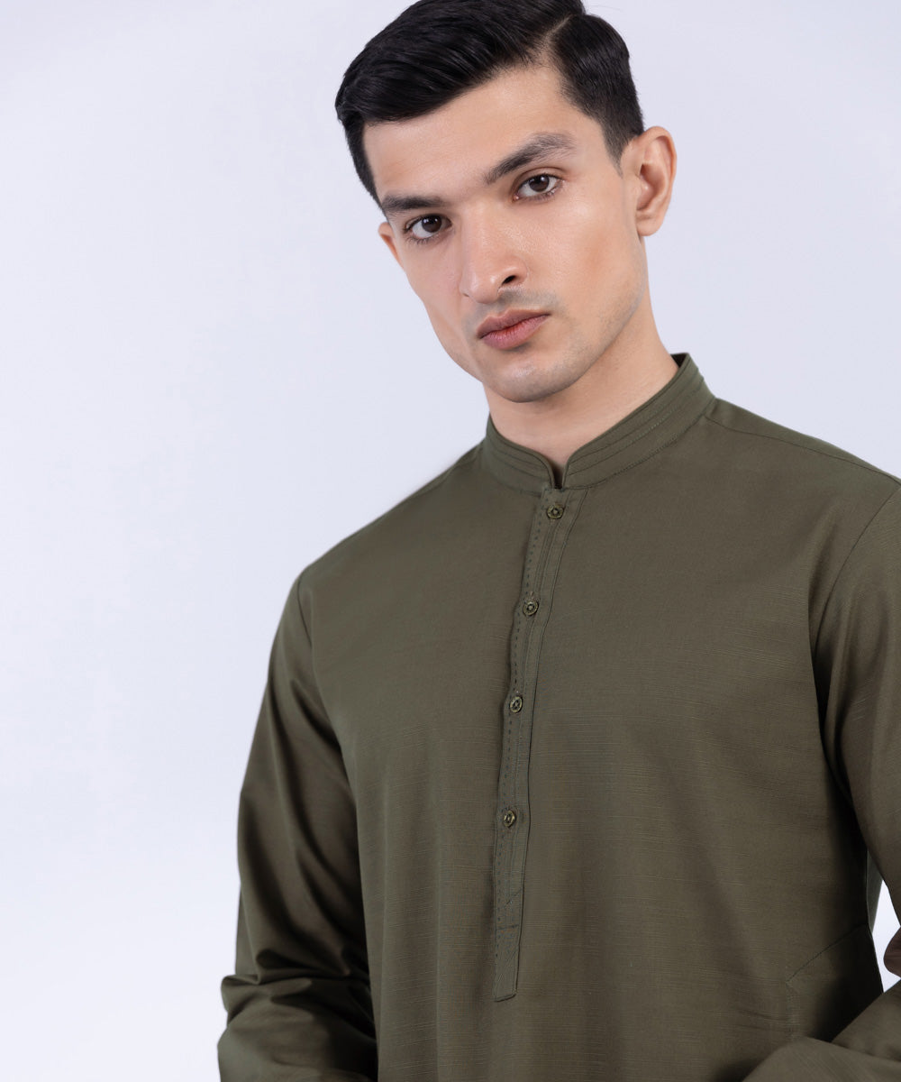 Men's Stitched Dark Olive Khaddar Kurta