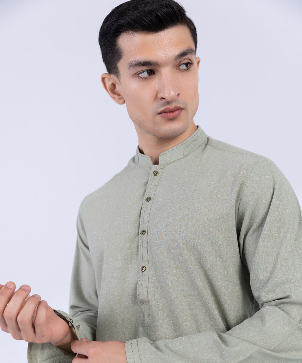 Men's Stitched Dull Green Wash & Wear Kurta